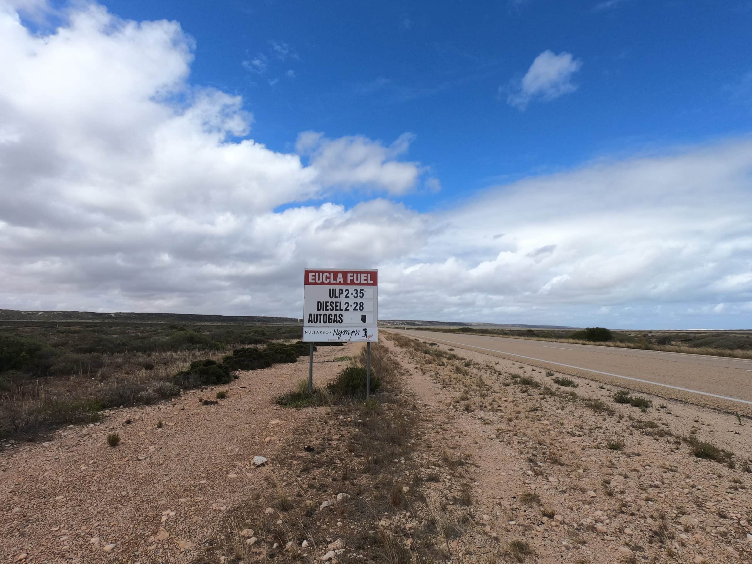 Fuel Stops on the Nullarbor are few and far between. This photo shows a sign with fuel prices at the next stop. 