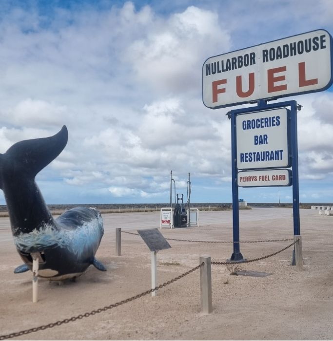 quirky sign at the Nullarbor Roadhouse discussing places to refuel on the Nullarbor