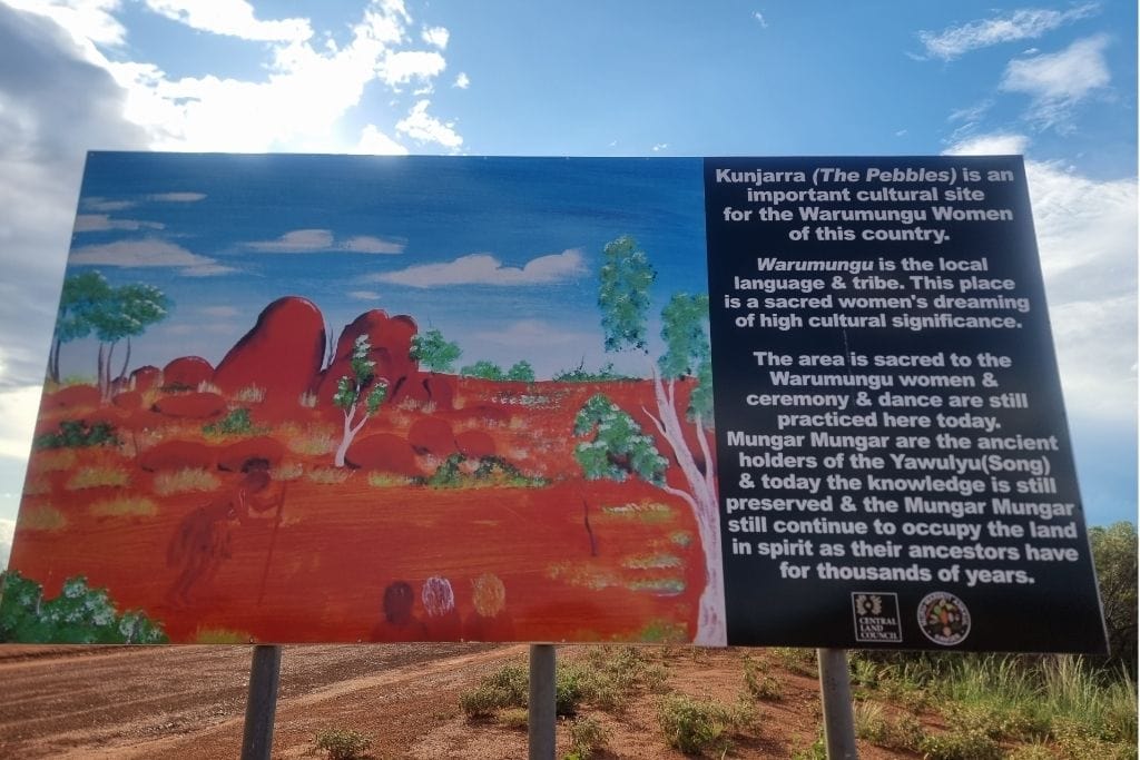 Essential text highlighting the cultural significance of certain sites surrounding Tennant Creek. This cultural site - the pebbles has high cultural significance and this is essential for the Warumunga people. 