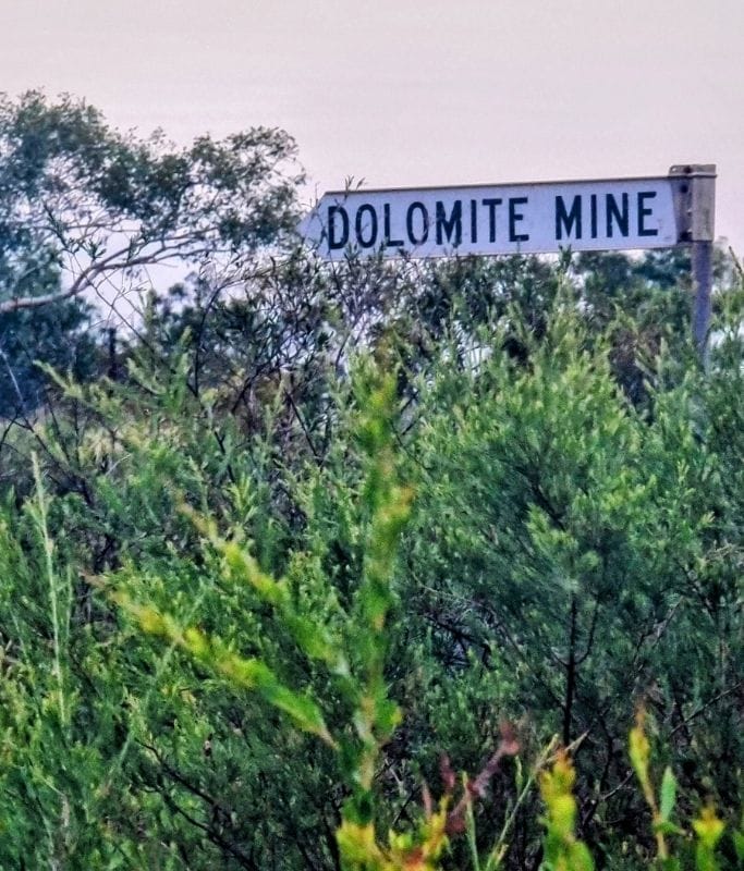 This is adding to the text. This is a sign advising of a dolomite mine and it is covered in plants. A sign how mining and the town has a historical past